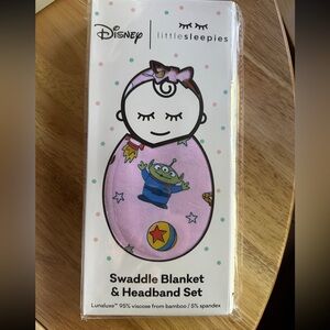 Little Sleepies pink Toy Story swaddle set with headband bow